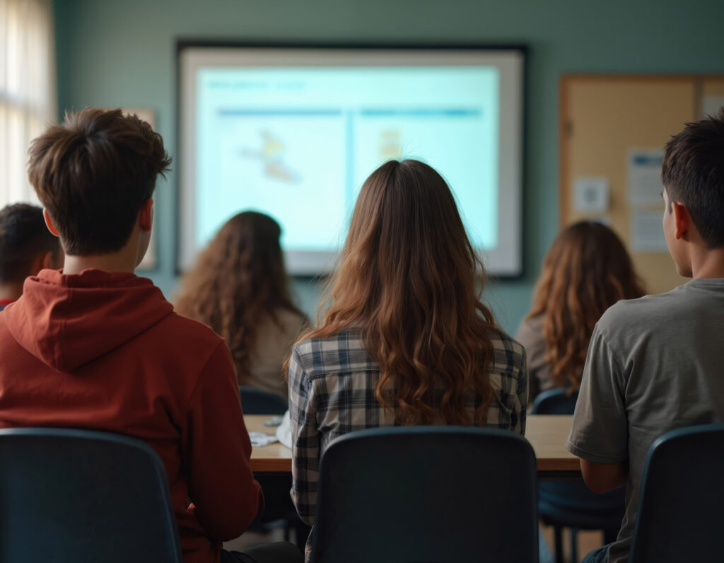 Drei Jugendliche mit lockigem Haar sitzen entspannt in einem Klassenraum vor einer Präsentation