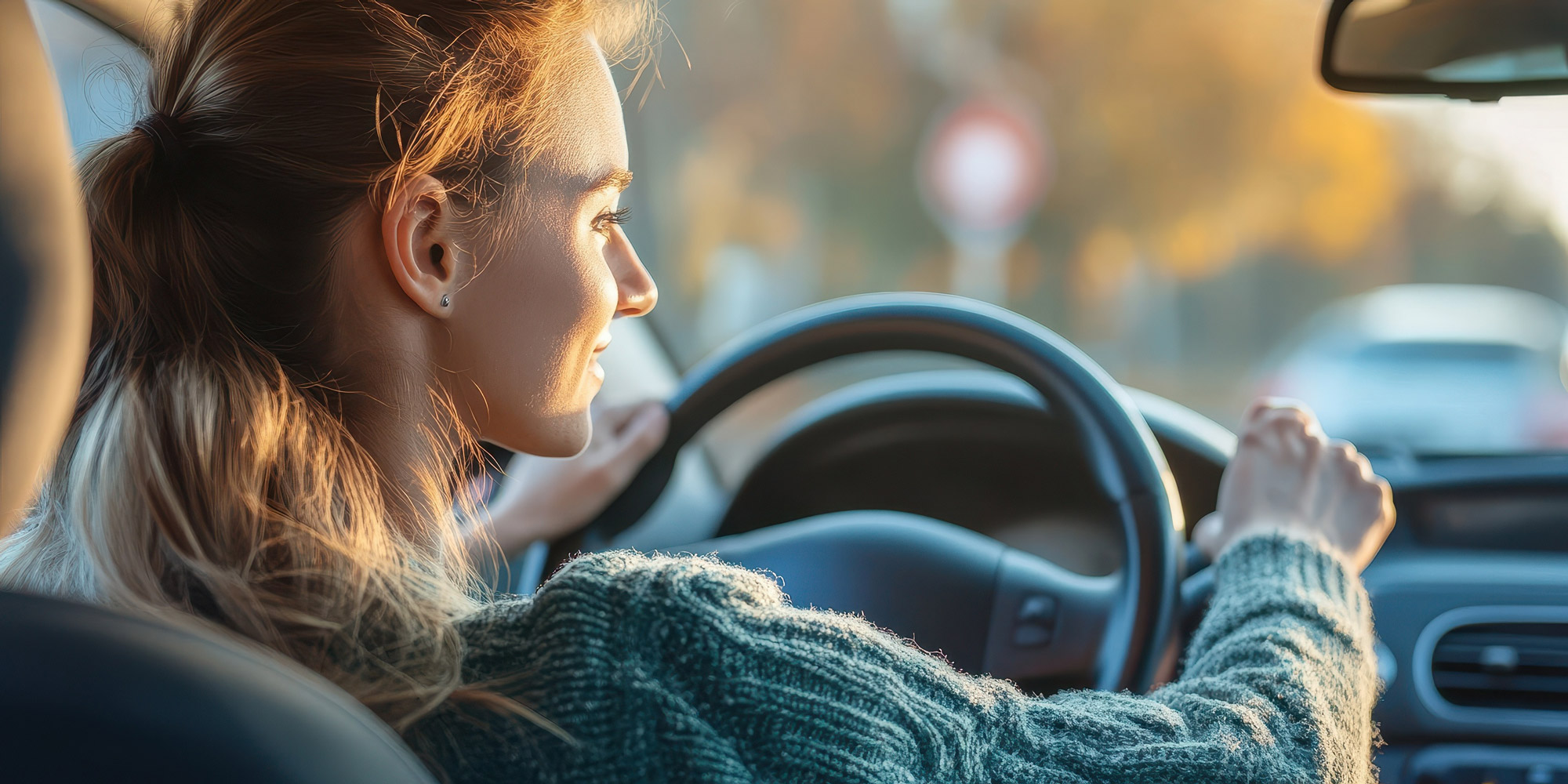 Junge Frau fährt konzentriert Auto im Herbstlicht mit grüner Strickjacke