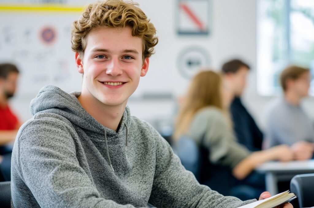 Fahrschüler sitzt während der Theoriestunde in der Fahrschule