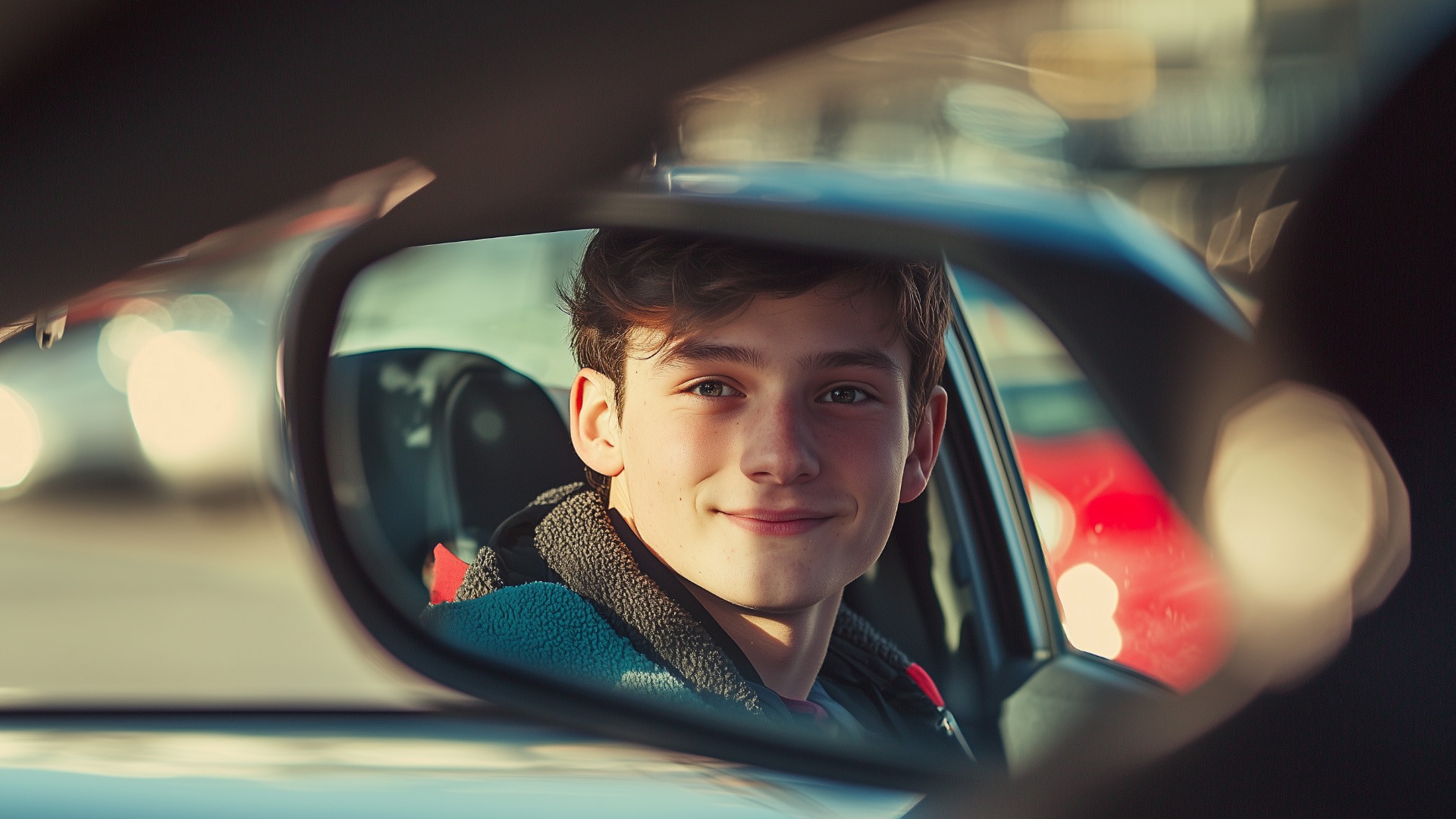 Junger Fahranfänger sitzt im Auto